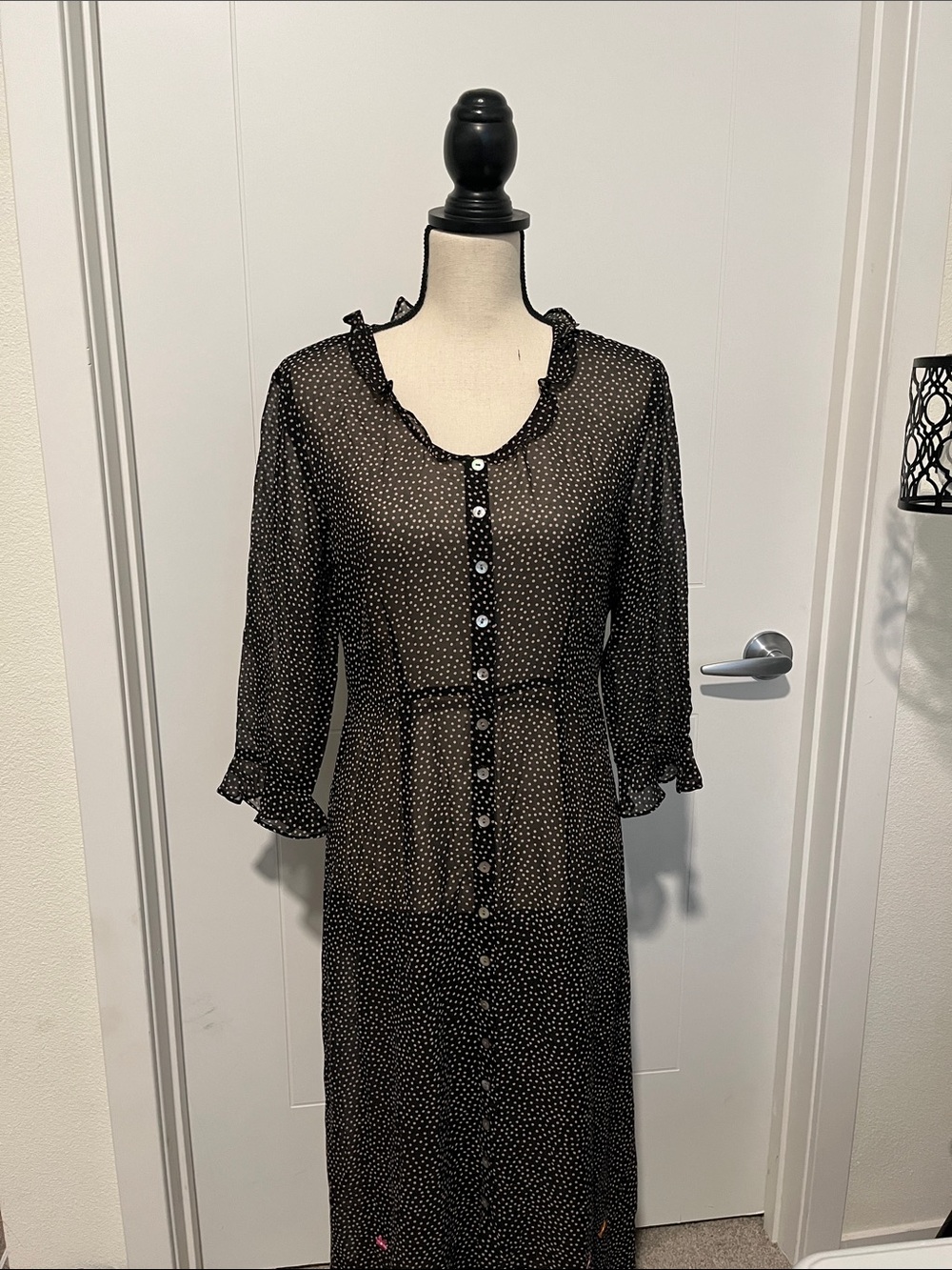 Y2K Garnet Hill 100% Silk Black Button-Front Polka Dot Midi Dress Cottagecore